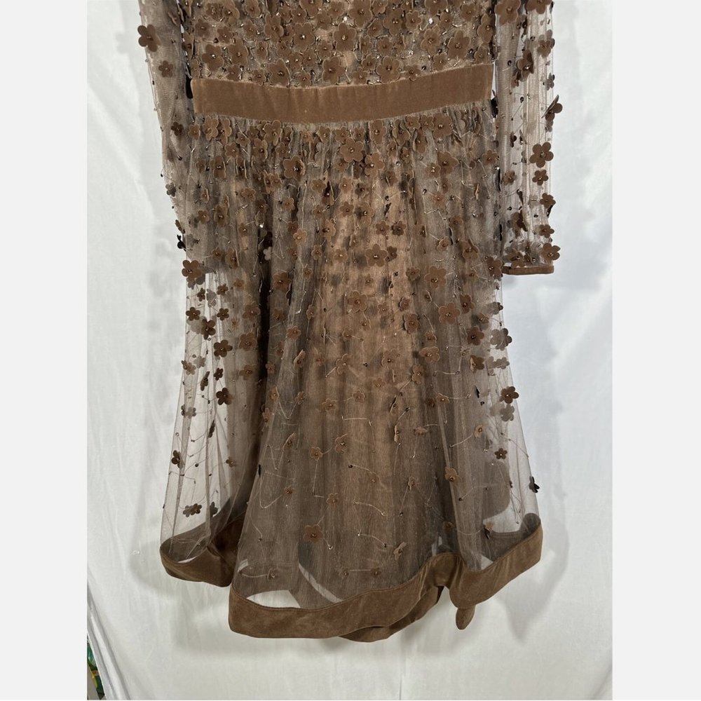 NWT Mac Duggal [ 10 ] Floral High Neck Long Sleeve Fit Flare Dress‎ Coffee Brown - Picture 6 of 15